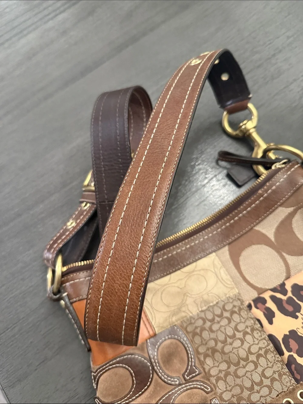 Coach Patchwork Signature Crossbody Bag Brown Animal Print Suede RARE F12840